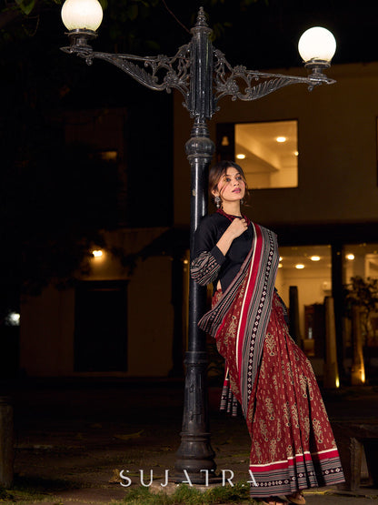 Classic Maroon Ajrakh Print Cotton Saree with Geometric Border