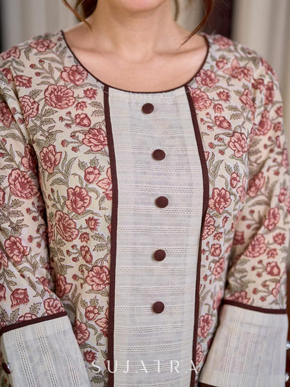 Cream Floral Hand Block Print Mul Cotton Kurta with Handwoven Ivory Center Panel and Brown Button Detail
