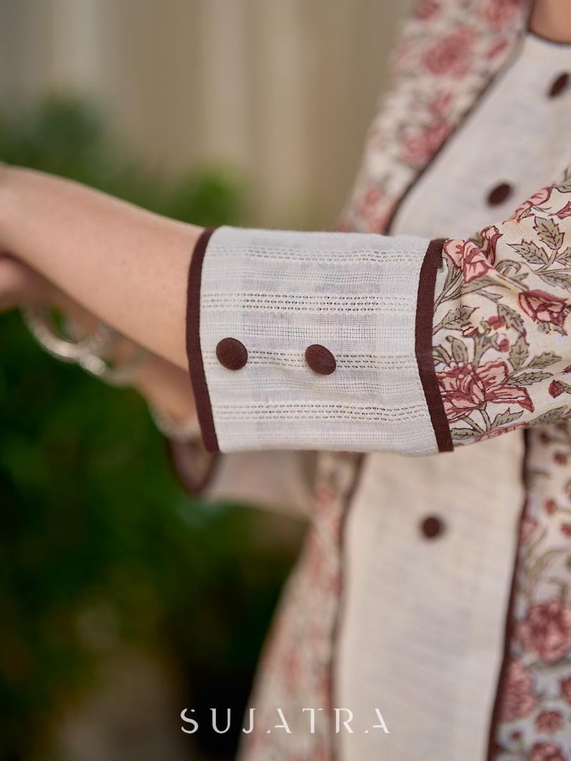 Cream Floral Hand Block Print Mul Cotton Kurta with Handwoven Ivory Center Panel and Brown Button Detail