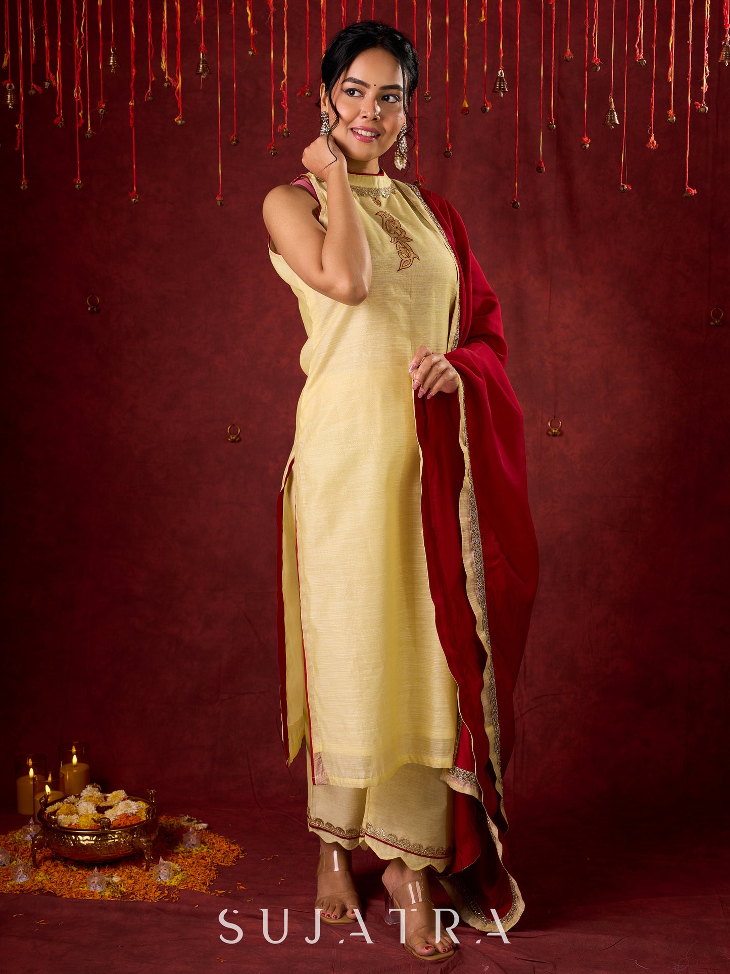 Elegant halter neck kurta in soft Chanderi with hand-painted art pant n dupatta optional