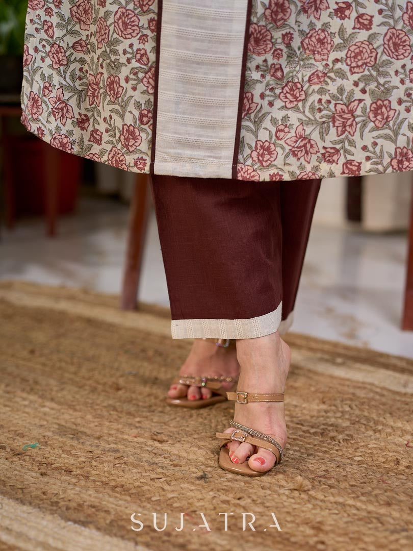 Cream Floral Hand Block Print Mul Cotton Kurta with Handwoven Ivory Center Panel and Brown Button Detail