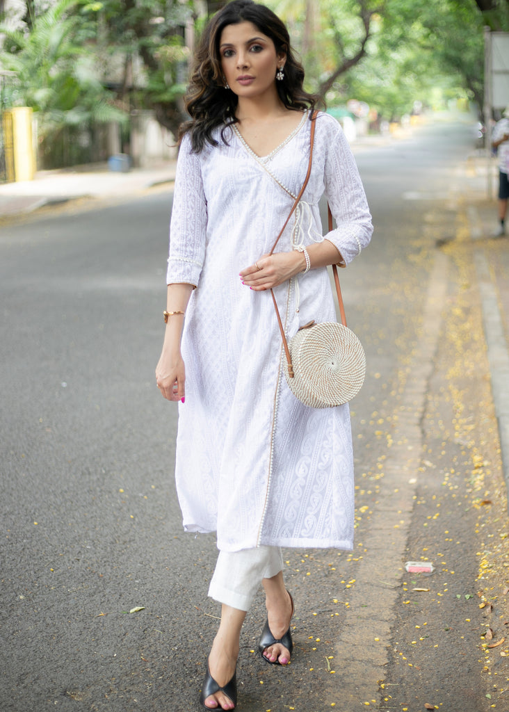 A Line White Chikankari with Gold with Gold Cording Allover -Pant Optional
