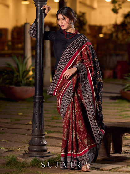 Classic Maroon Ajrakh Print Cotton Saree with Geometric Border