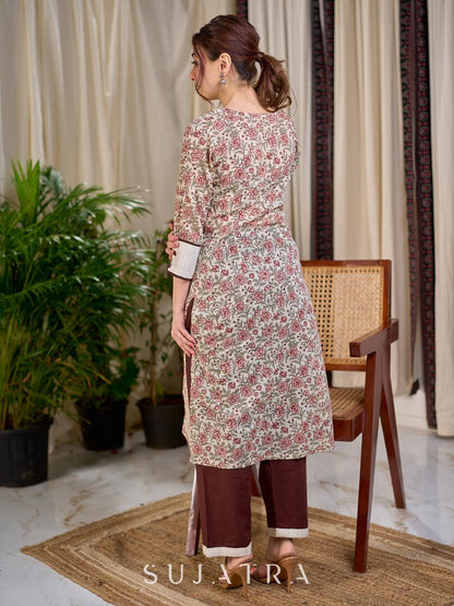 Cream Floral Hand Block Print Mul Cotton Kurta with Handwoven Ivory Center Panel and Brown Button Detail