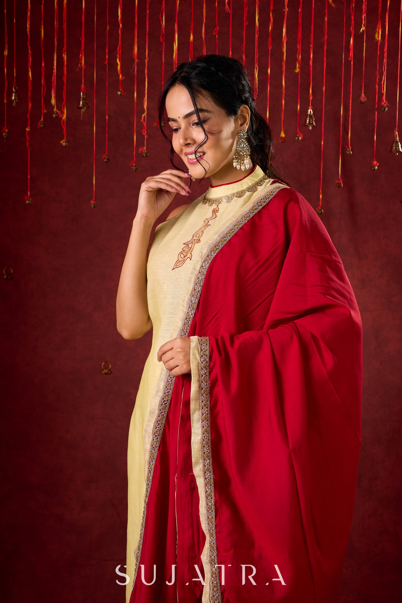 Elegant silk-blend dupatta in deep red, perfect for festive occasions