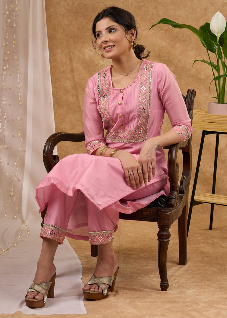 Elegant baby pink Chanderi kurta with embroidered lace Pant Optional