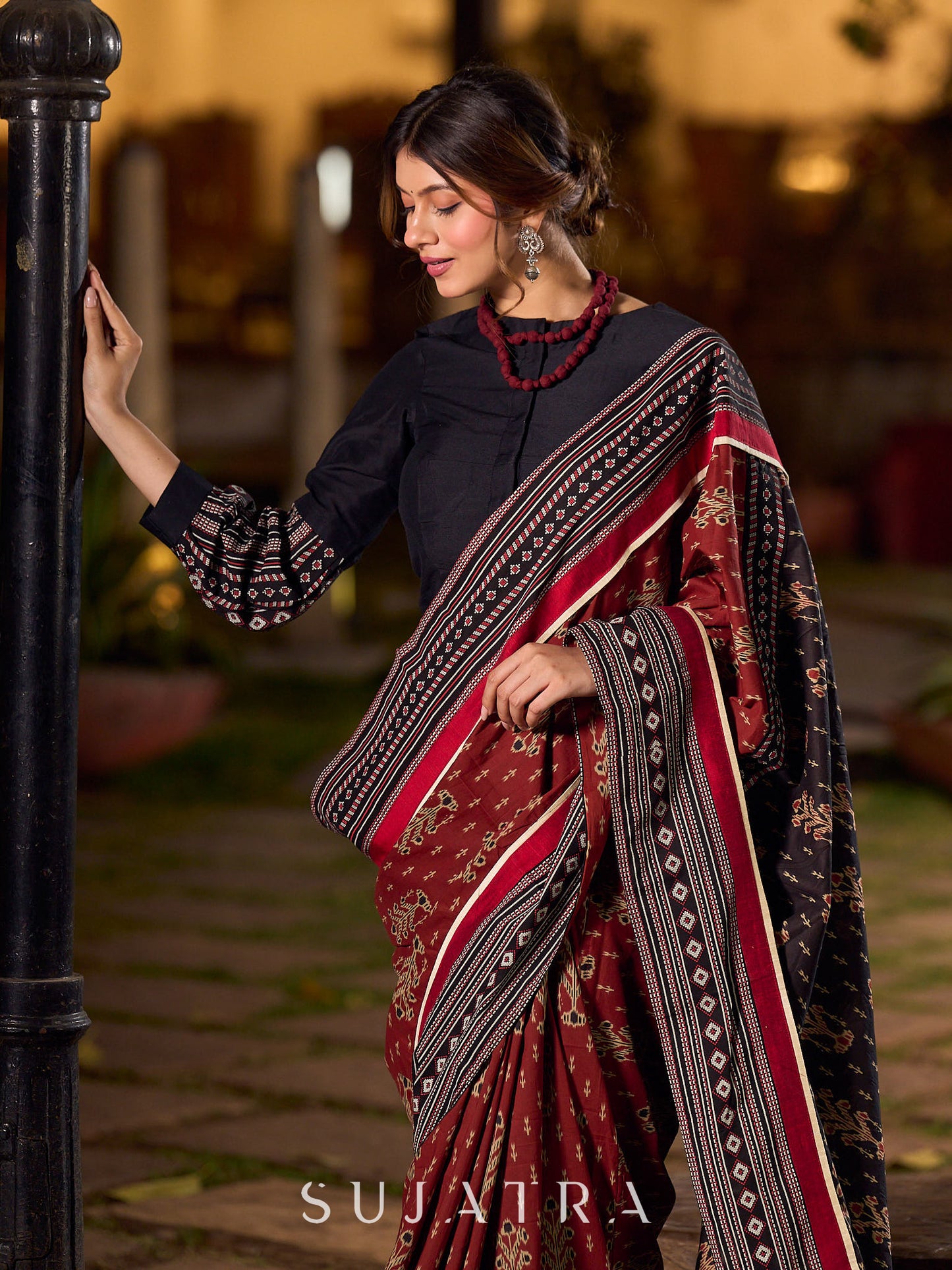 Classic Maroon Ajrakh Print Cotton Saree with Geometric Border