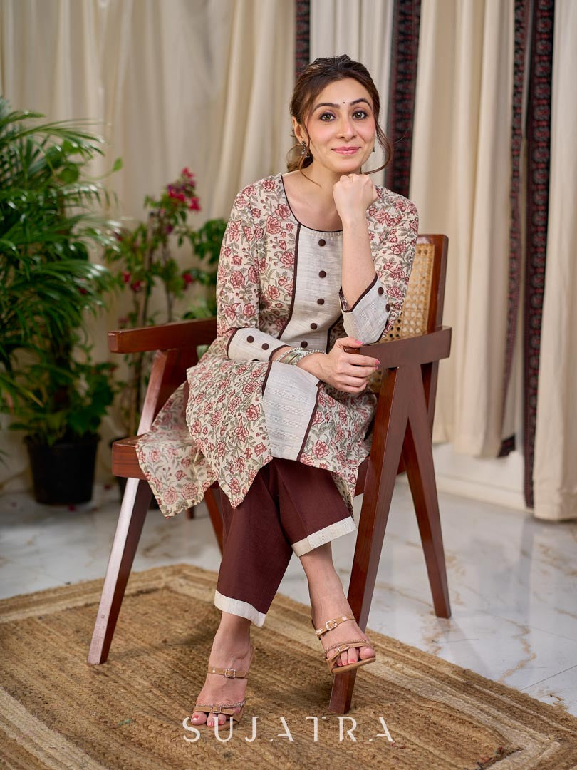 Cream Floral Hand Block Print Mul Cotton Kurta with Handwoven Ivory Center Panel and Brown Button Detail