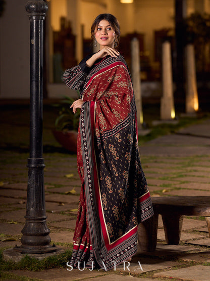 Classic Maroon Ajrakh Print Cotton Saree with Geometric Border