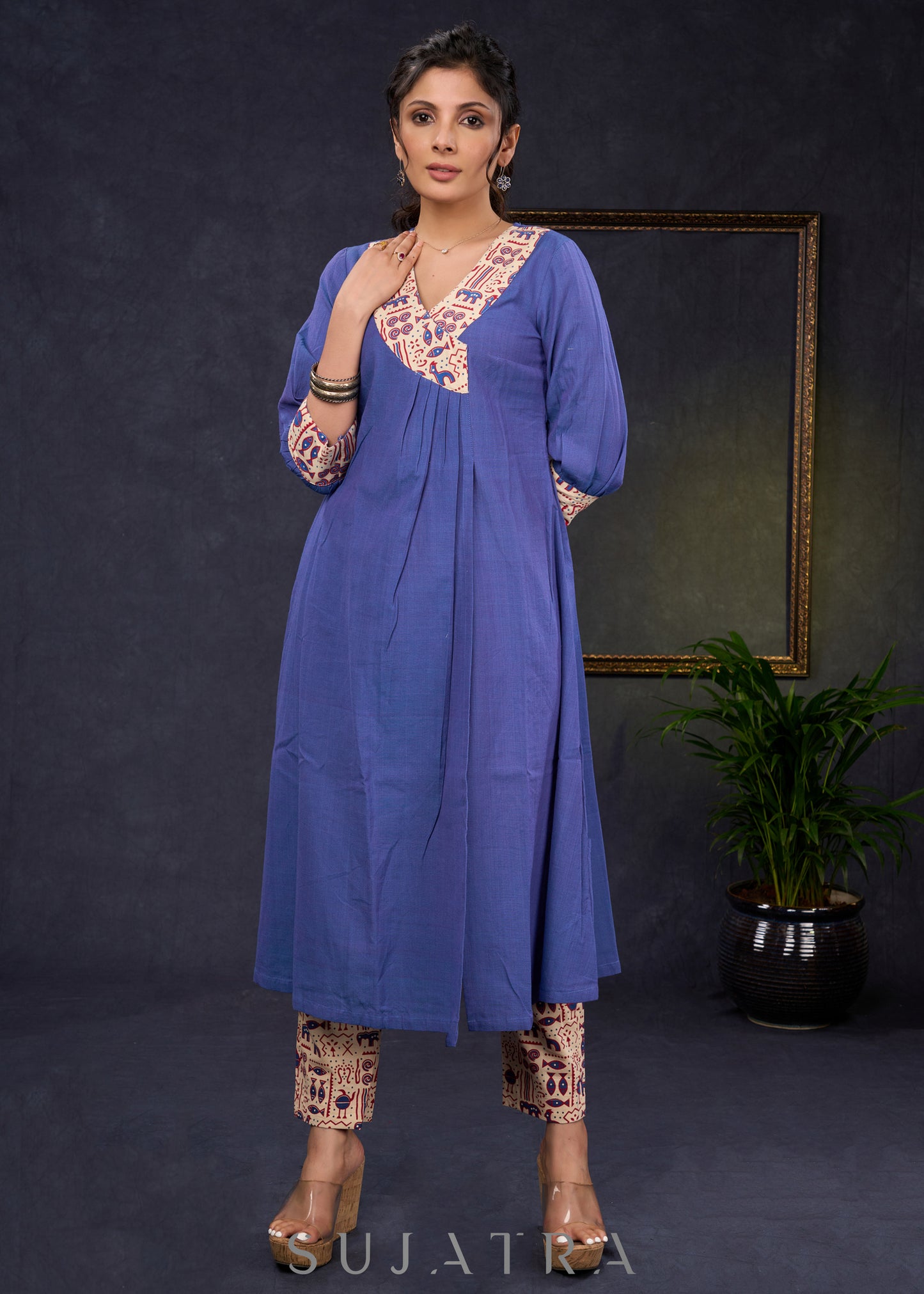 Classy-Blue-Cotton-A-Line-Kurta-Highlighted-With-Beautiful-Ajrakh-Print--Pant-Optional