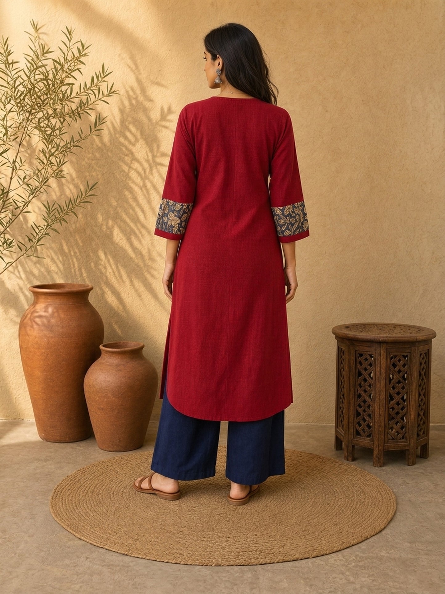 Timeless Maroon Cotton Kurta with Floral Printed Balloon Cuffs & V-Neck