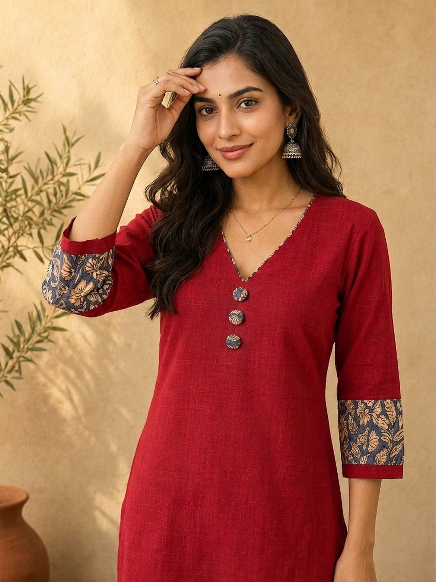 Timeless Maroon Cotton Kurta with Floral Printed Balloon Cuffs & V-Neck