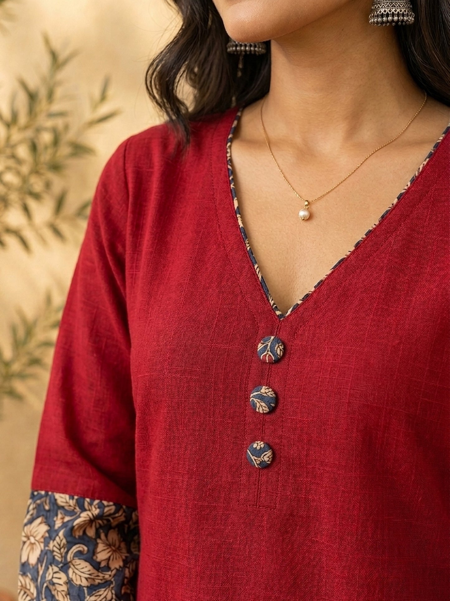Timeless Maroon Cotton Kurta with Floral Printed Balloon Cuffs & V-Neck