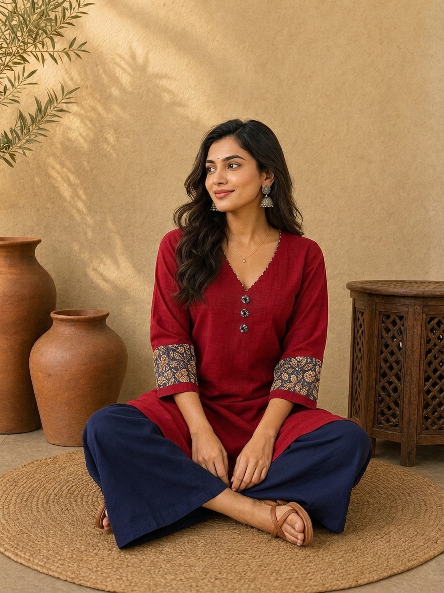 Timeless Maroon Cotton Kurta with Floral Printed Balloon Cuffs & V-Neck