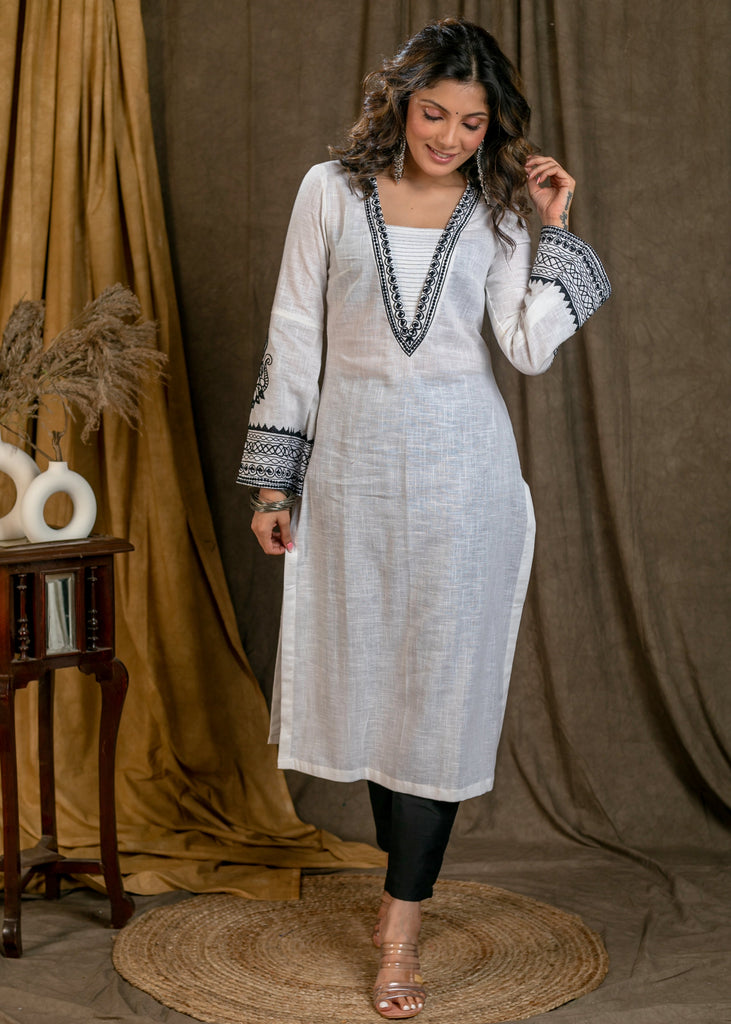 Elegant White Cotton Straight Cut Kurta with Bell Sleeves and Contrast Embroidery On Neck and Sleeves - Pant Optional