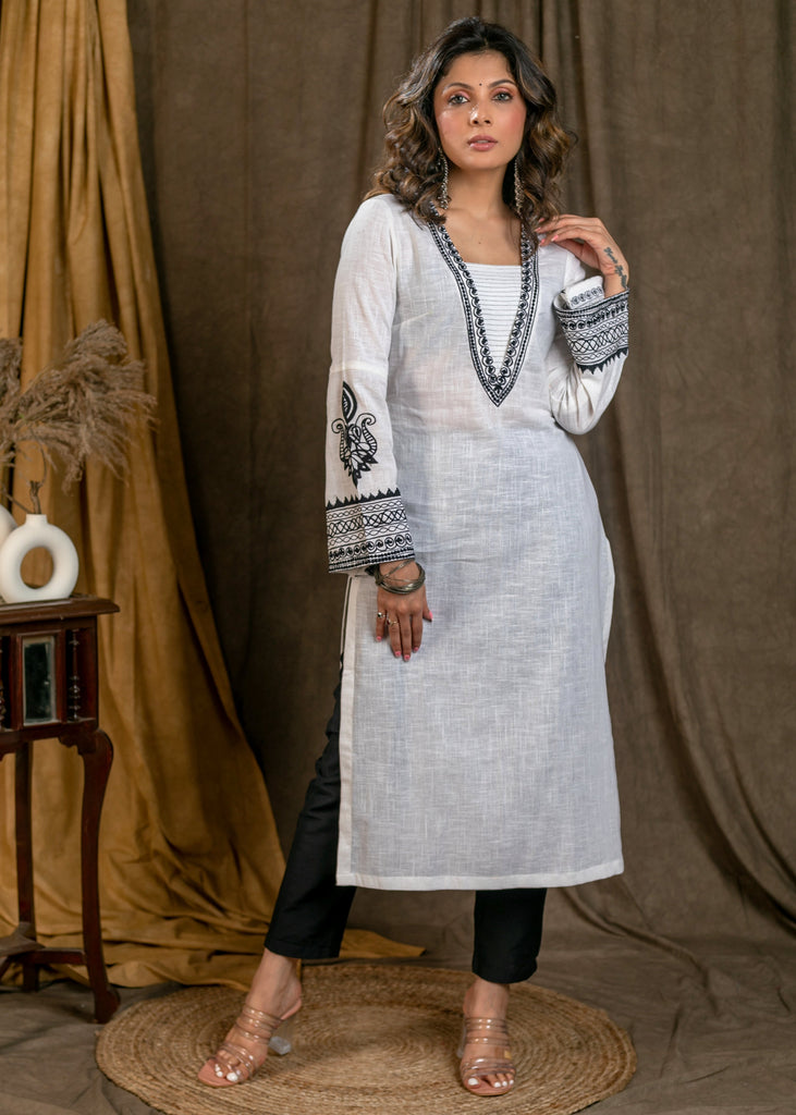Elegant White Cotton Straight Cut Kurta with Bell Sleeves and Contrast Embroidery On Neck and Sleeves - Pant Optional