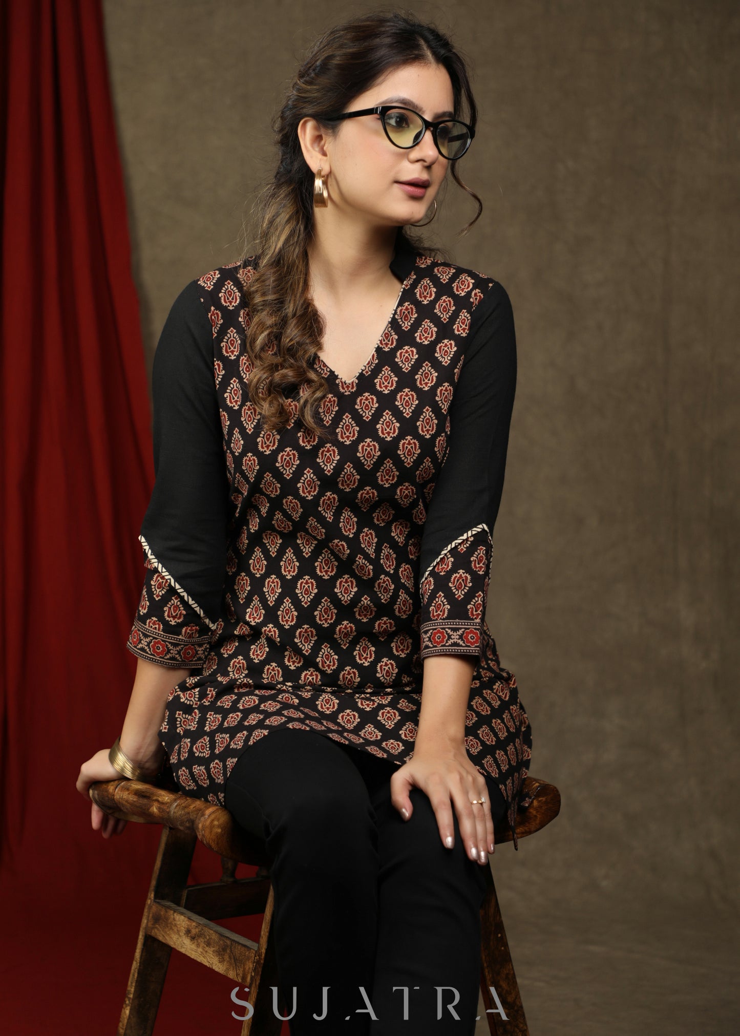 Exclusive black cotton ajrakh combination tunic