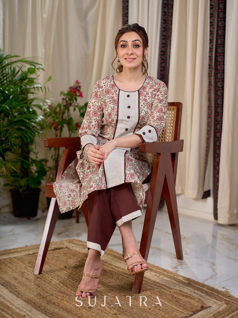 Cream Floral Hand Block Print Mul Cotton Kurta with Handwoven Ivory Center Panel and Brown Button Detail