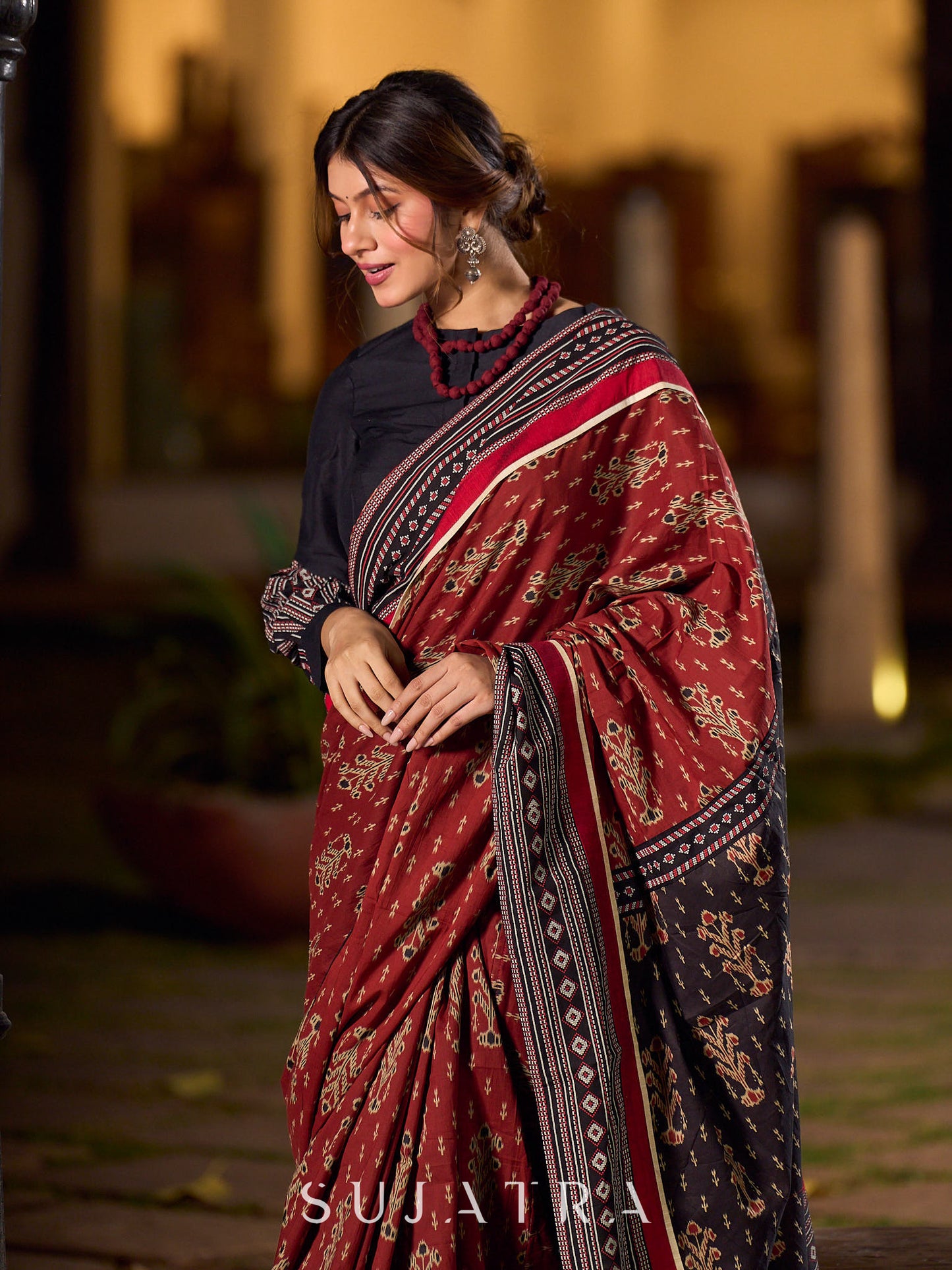 Classic Maroon Ajrakh Print Cotton Saree with Geometric Border