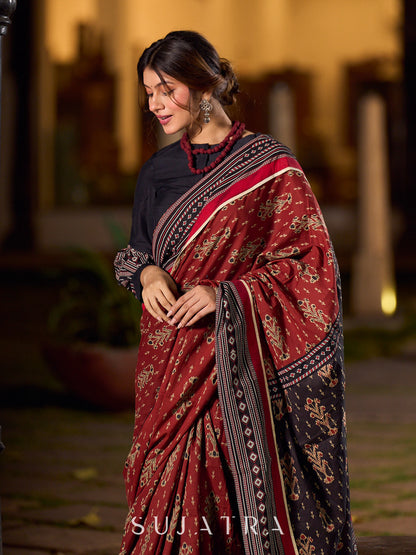 Classic Maroon Ajrakh Print Cotton Saree with Geometric Border