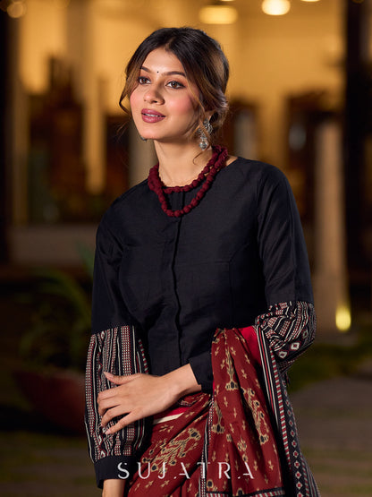 Chic Black Cotton Silk Long Blouse with Statement Bishop Sleeves