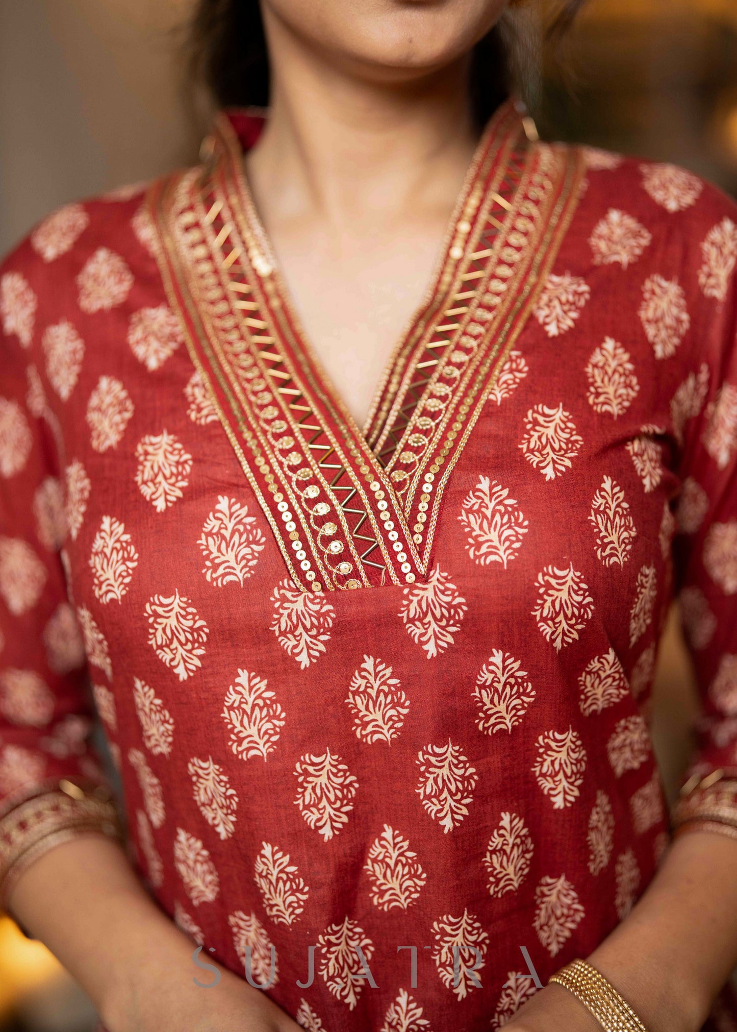 Exclusive Hand Embroidered Printed Maroon Kurta
