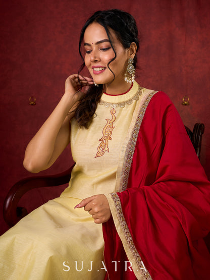 Elegant halter neck kurta in soft Chanderi with hand-painted art pant n dupatta optional