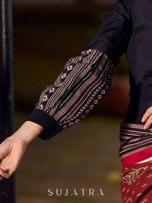 Bold Black Cotton Silk Long Blouse with Statement Bishop Sleeves