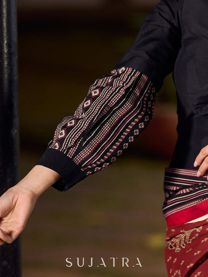 Chic Black Cotton Silk Long Blouse with Statement Bishop Sleeves