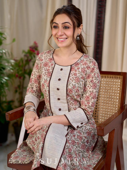 Cream Floral Hand Block Print Mul Cotton Kurta with Handwoven Ivory Center Panel and Brown Button Detail
