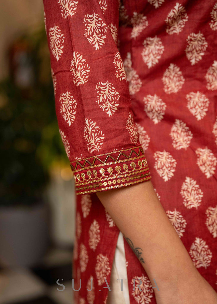 Exclusive Hand Embroidered Printed Maroon Kurta With Pant  - Dupatta Optional