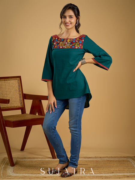 Graceful hand painted kalamkari cotton teal top