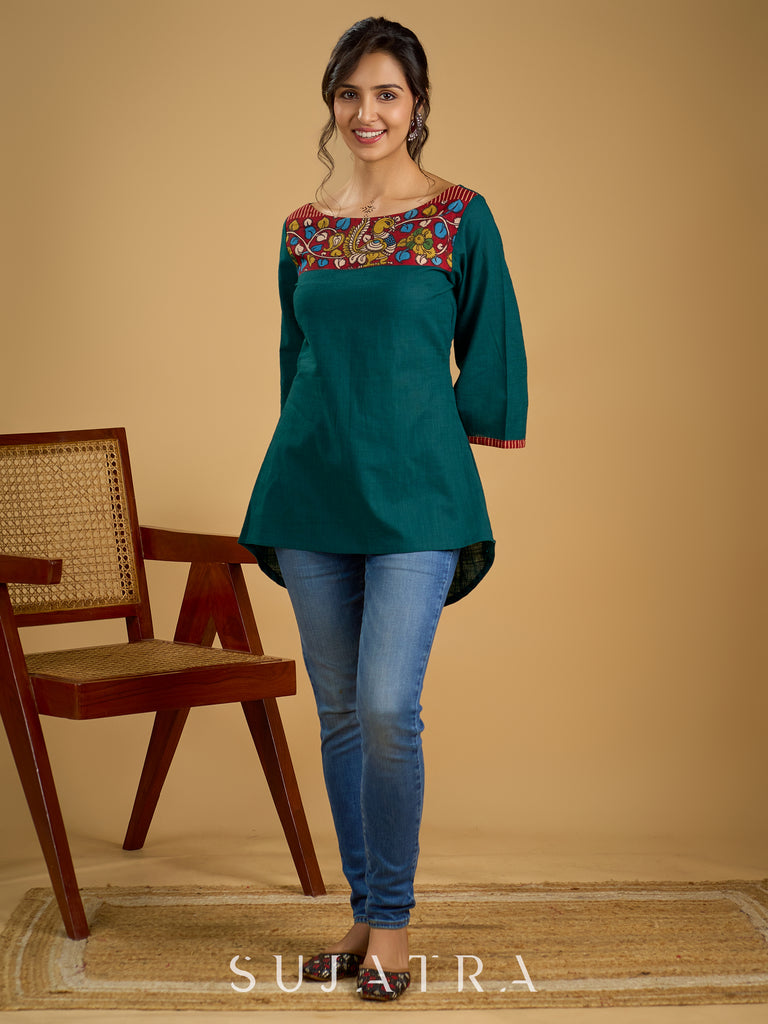 Graceful hand painted kalamkari cotton teal top