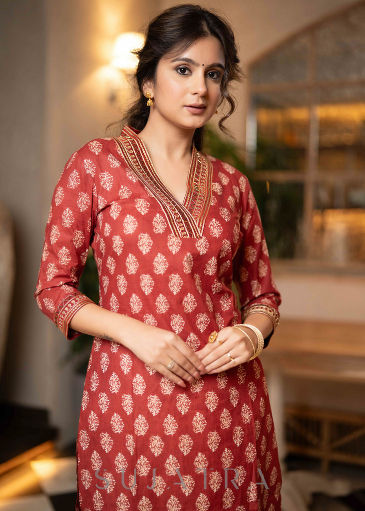 Exclusive Hand Embroidered Printed Maroon Kurta With Pant  - Dupatta Optional