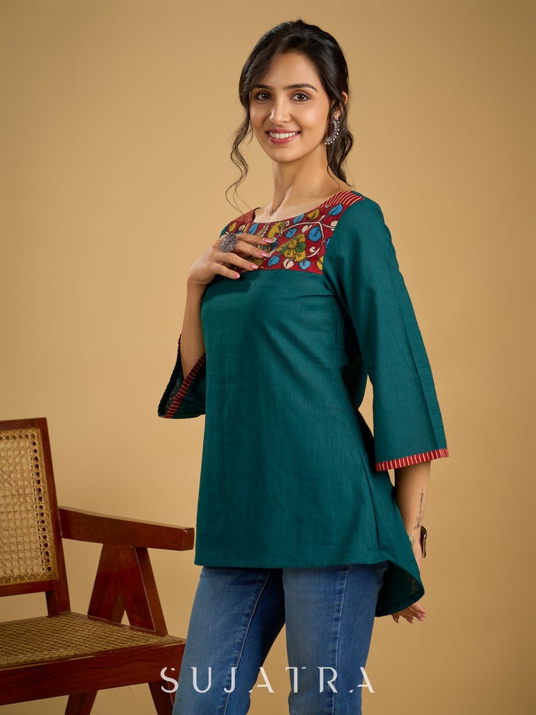 Graceful hand painted kalamkari cotton teal top