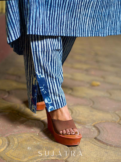 Contemporary Indigo Striped Kurta Featuring Animal Patch Detail, Drop Shoulders and Magenta Mirror Accents