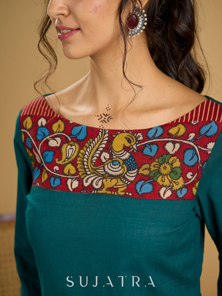 Graceful hand painted kalamkari cotton teal top