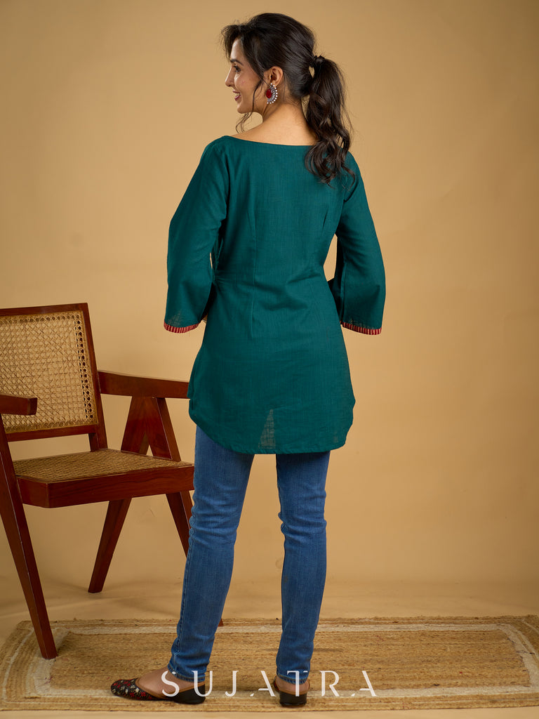 Graceful hand painted kalamkari cotton teal top