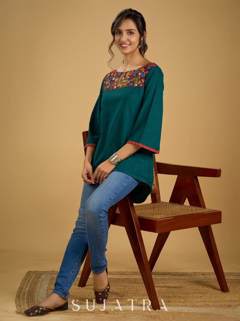 Graceful hand painted kalamkari cotton teal top