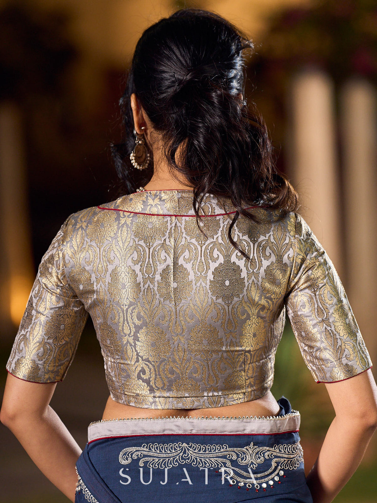 Classic Grey Brocade V Neckline Blouse - Saree Optional