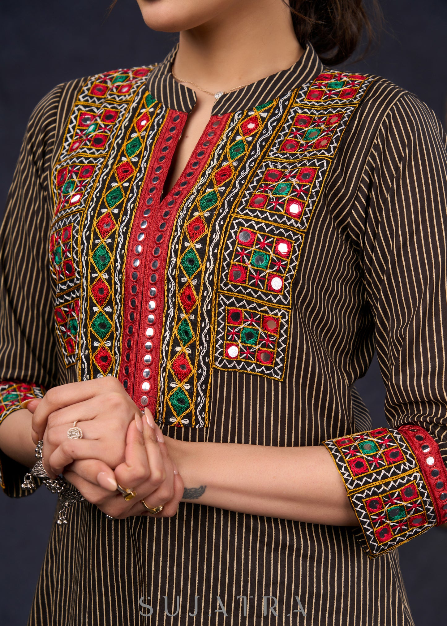 Traditional Black Cotton Ajrakh Straight Cut Kurta With Beautiful Kutch Mirror Work-Pant-Optional