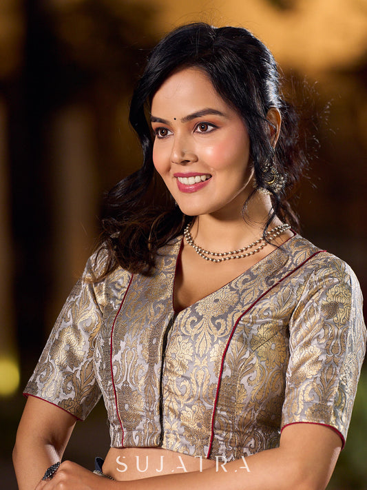 Classic Grey Brocade V Neckline Blouse