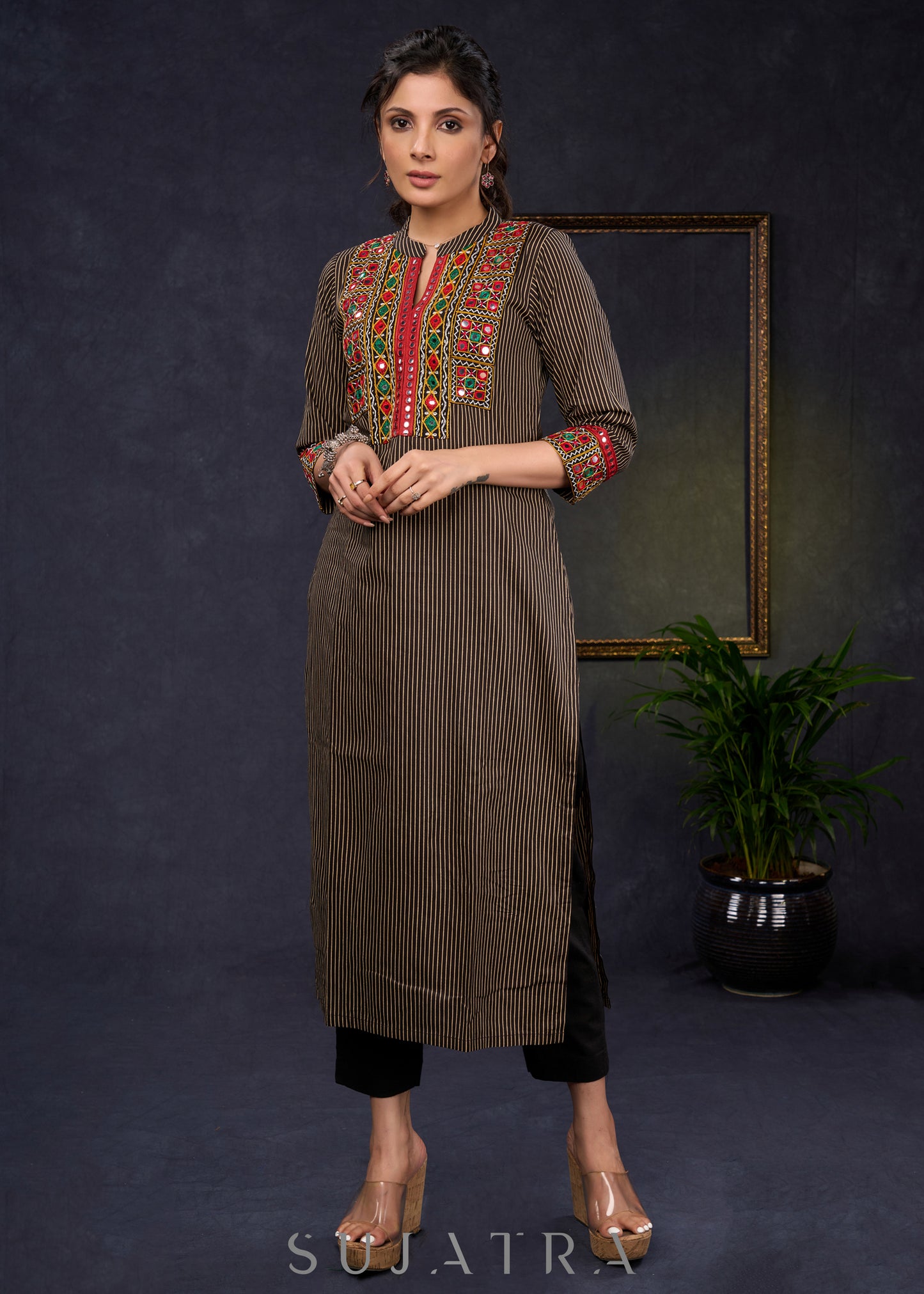 Traditional Black Cotton Ajrakh Straight Cut Kurta With Beautiful Kutch Mirror Work-Pant-Optional