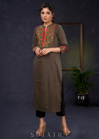 Traditional Black Cotton Ajrakh Straight Cut Kurta With Beautiful Kutch Mirror Work-Pant-Optional