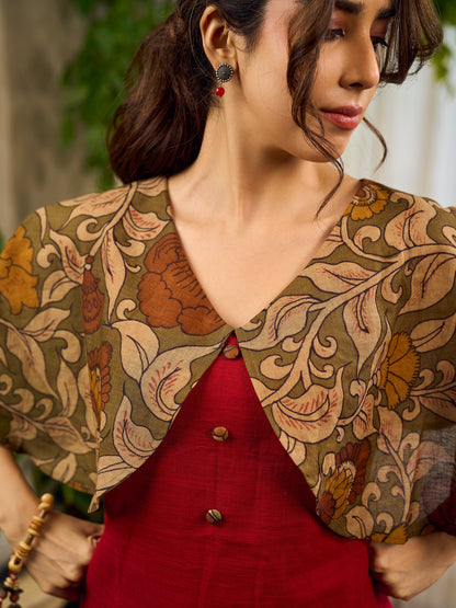 Elegant maroon dress featuring an attached artisan Kalamkari shoulder cape.