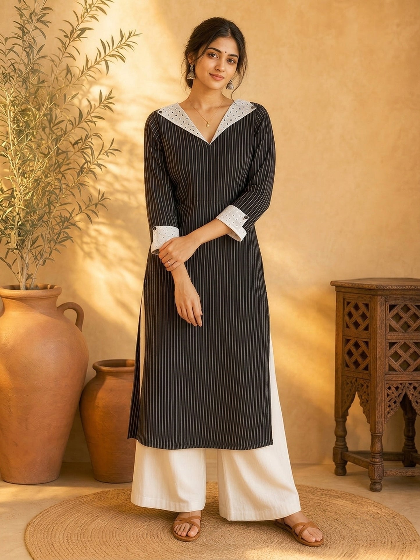 Elegant Black Ikat Striped Cotton Kurta with White Hakoba Spread Collar & Cuffs