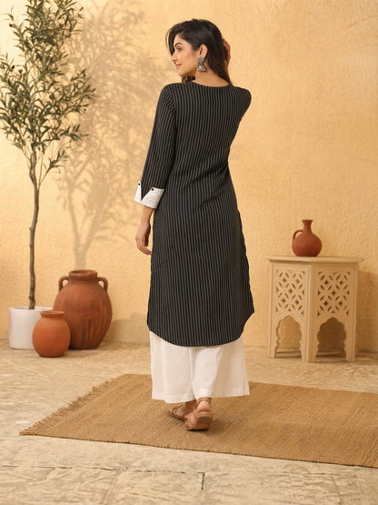 Elegant Black Ikat Striped Cotton Kurta with White Hakoba Spread Collar & Cuffs