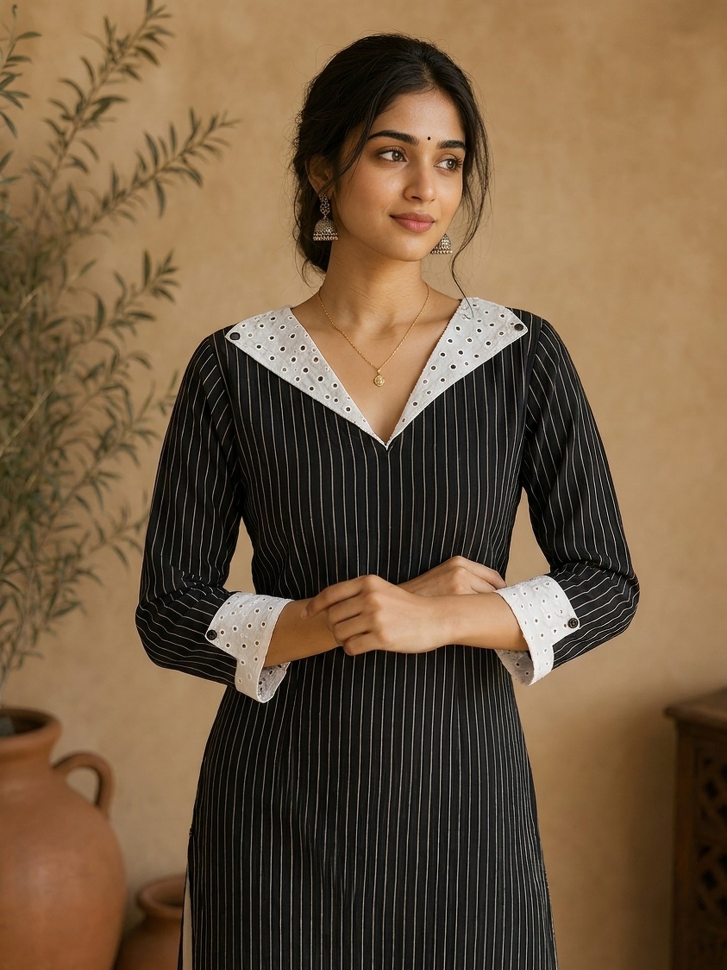 Elegant Black Ikat Striped Cotton Kurta with White Hakoba Spread Collar & Cuffs