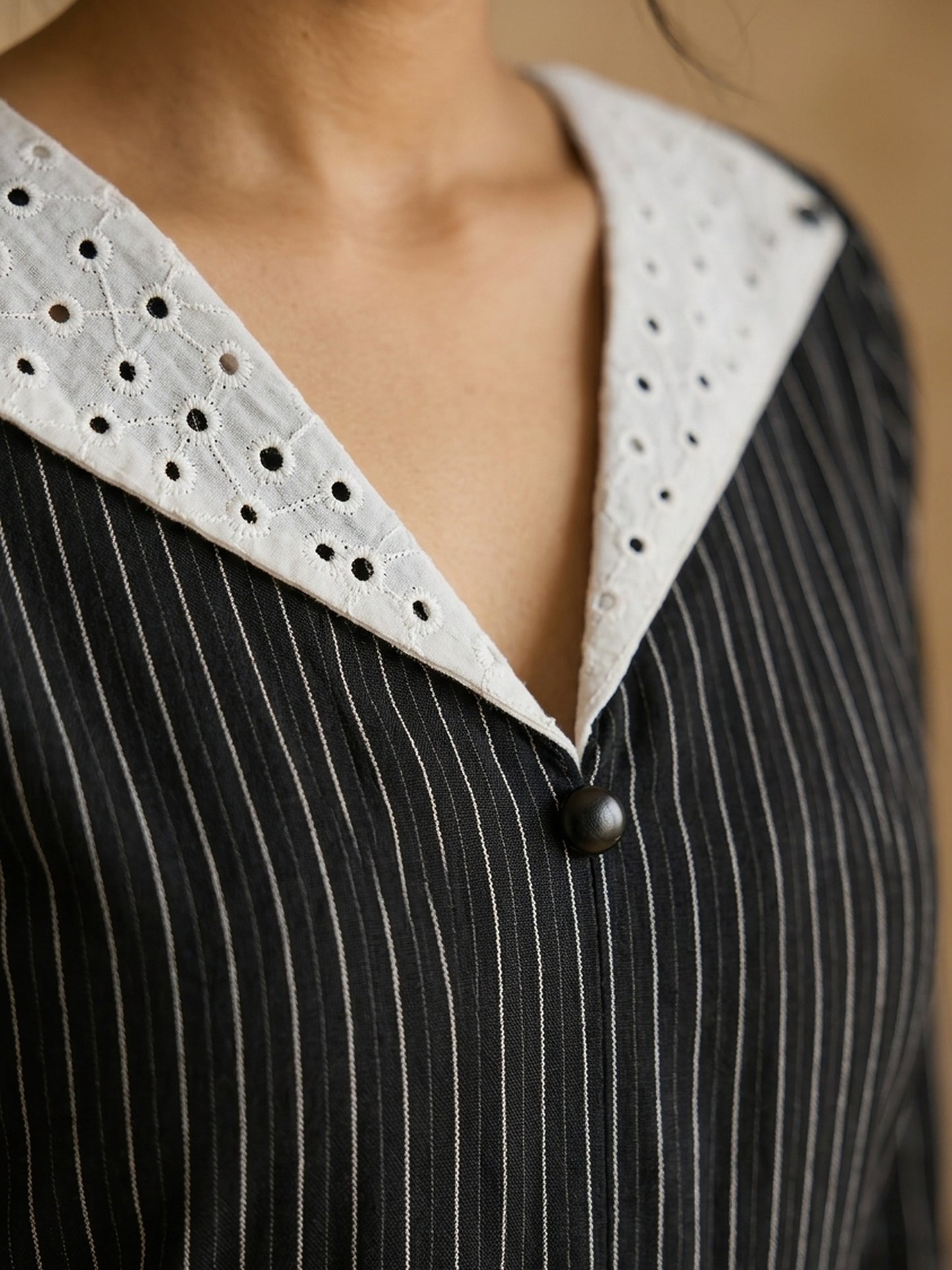 Elegant Black Ikat Striped Cotton Kurta with White Hakoba Spread Collar & Cuffs