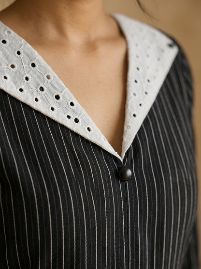 Elegant Black Ikat Striped Cotton Kurta with White Hakoba Spread Collar & Cuffs